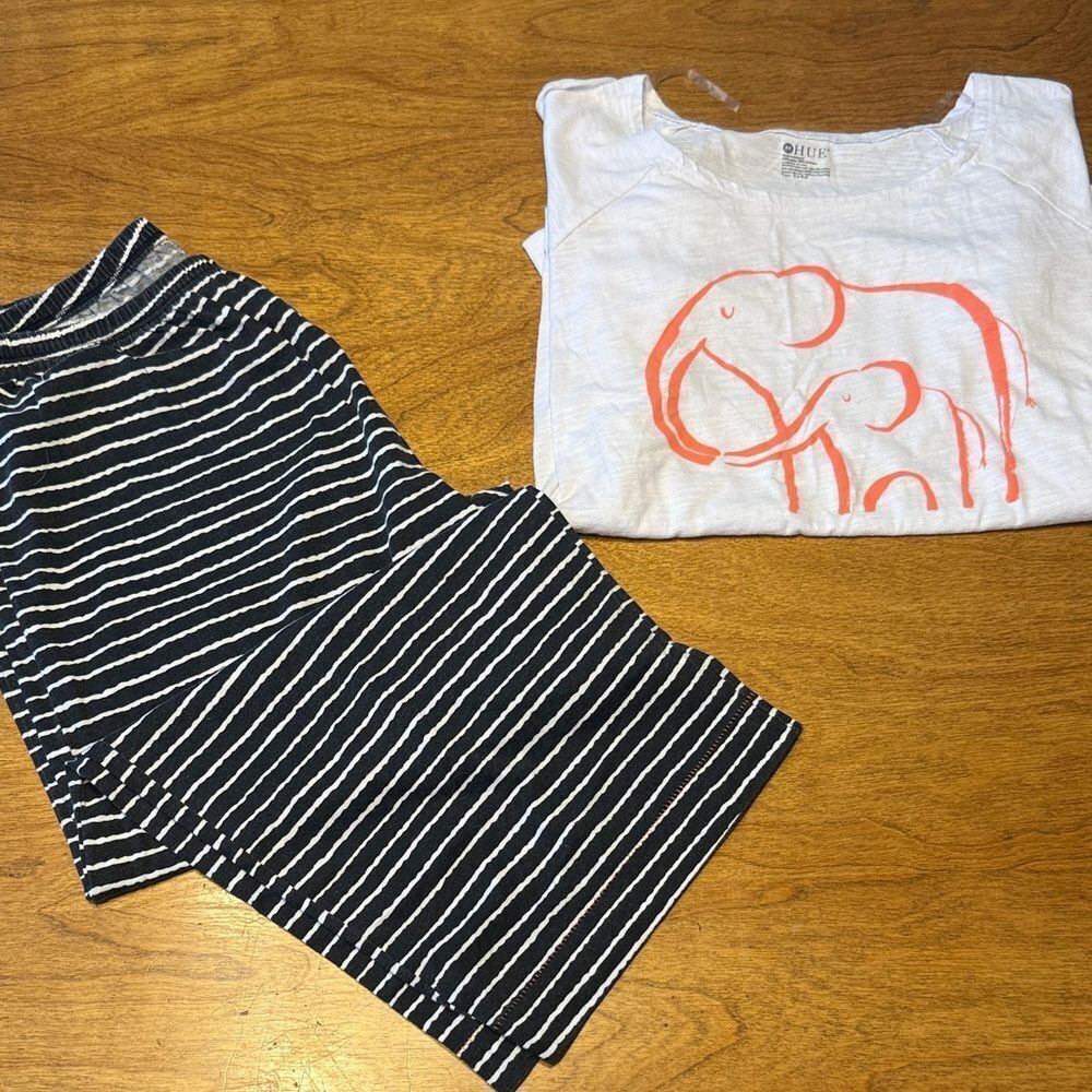 HUE White and Black Pajama Set with Pink Elephant Design